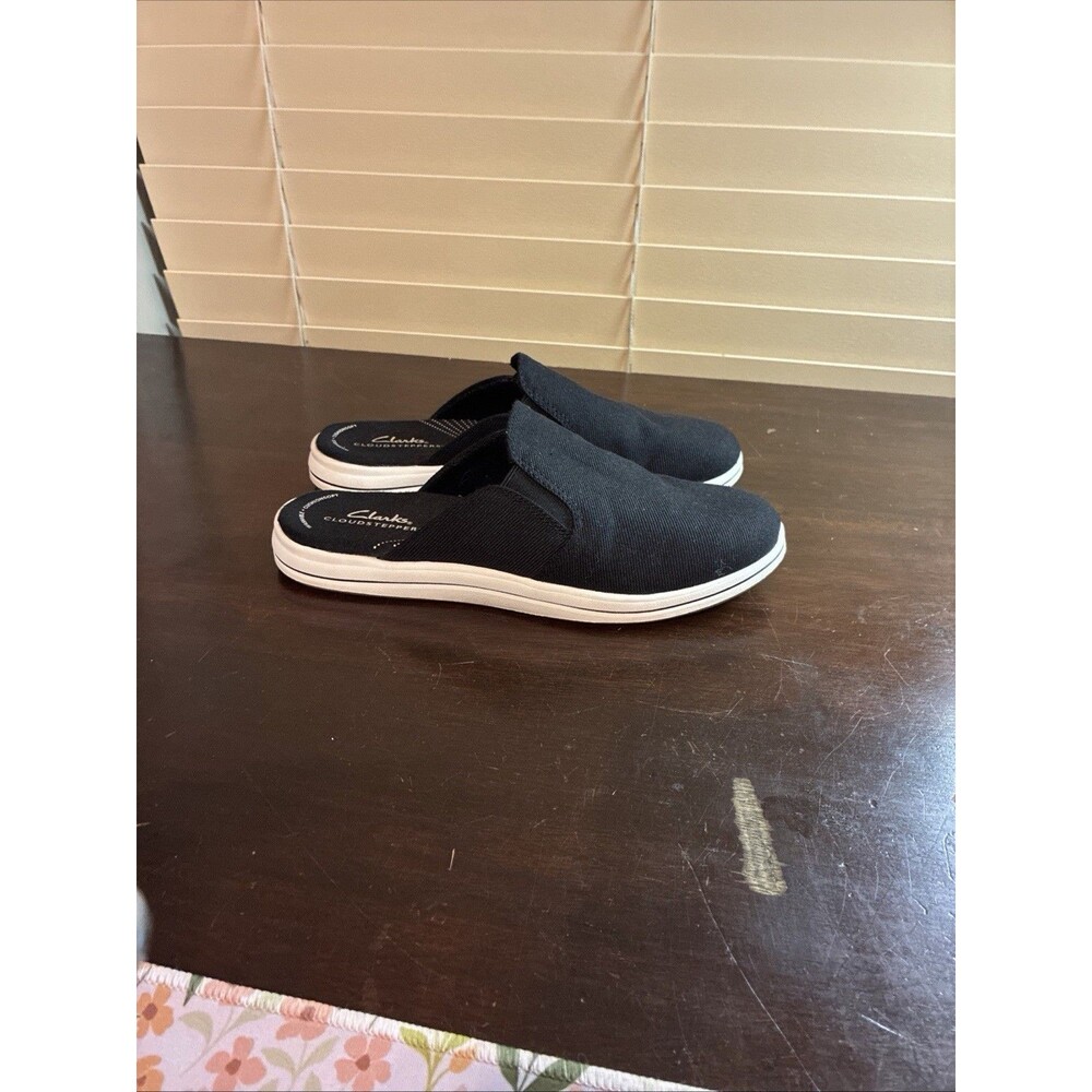 Clarks Cloudsteppers Women Size 7 Breeze Shore Slip On Mules Shoes Black White